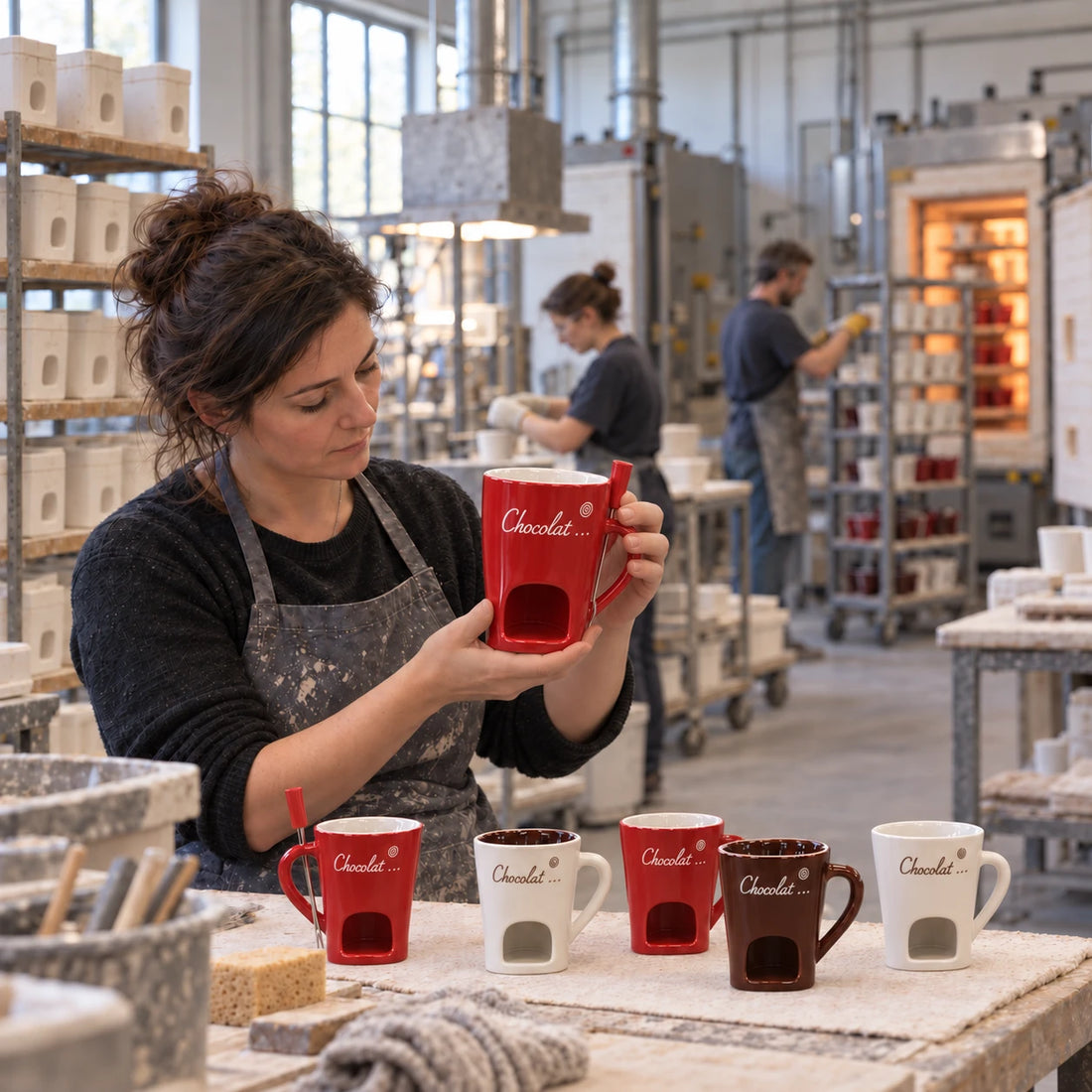 Atelier de céramique : contrôle d'un mug à fondue rouge, mugs rouges, blancs et marron sur l'établi