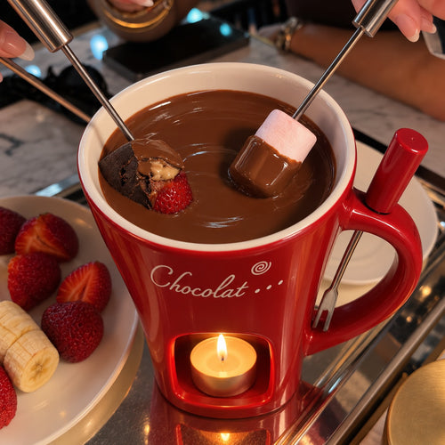Gros plan sur le chocolat fondu du mug Fondora rouge, bougie allumée