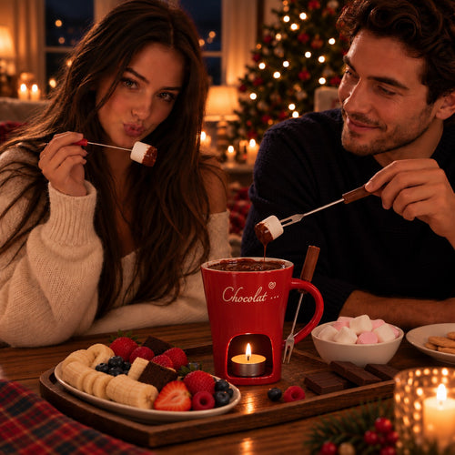 Couple partageant une fondue au chocolat devant le sapin avec le mug Fondora rouge
