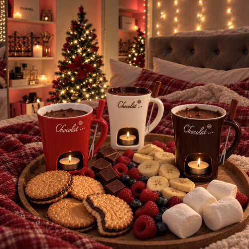 Les trois mugs Fondora rouge, blanc et marron sur un plateau gourmand
